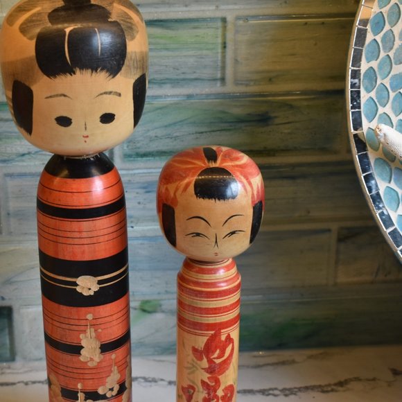 Vintage Kokeshi Wooden Hand Painted Japanese Dolls-Set of 2 - Picture 3 of 12
